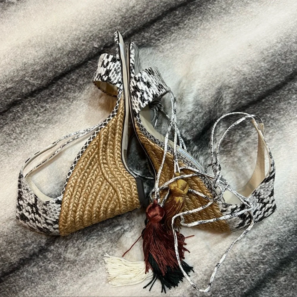Jimmy Choo Deva 85 mm Roccia Snakeskin Print Leather Mix Tassel Espadrile Wedge